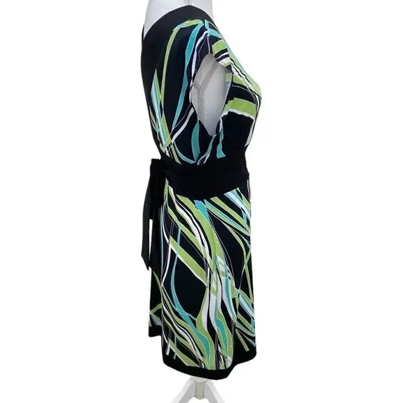 Frank Lyman v neck cap sleeve jersey knit dress black trim & belt graphic print - Picture 7 of 11